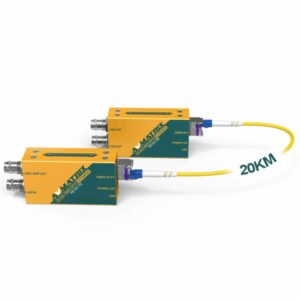 The FE1121 3G-SDI Fiber Optic Extender is a transmitter/receiver kit supporting single-mode LC simplex fiber extensions up to 20km. It is a miniature-style extension solution that supports all SDI formats resolutions up to 1080p with audio and metadata, also supports level A and level B. It features a local SDI loop out and dual SDI outputs and supports 3G/HD/SD SDI signals. Multimode fiber can also be used but at shorter distances.