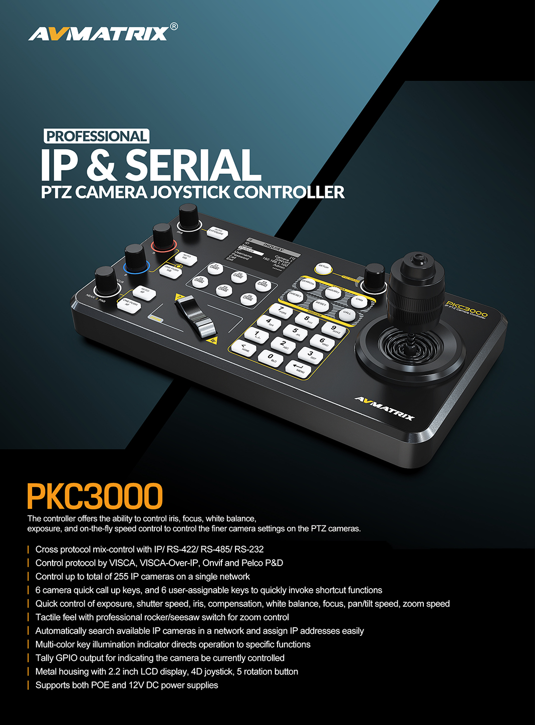 AVMATRIX-PKC3000 Professional IP & Serial PTZ Camera Joystick Controller