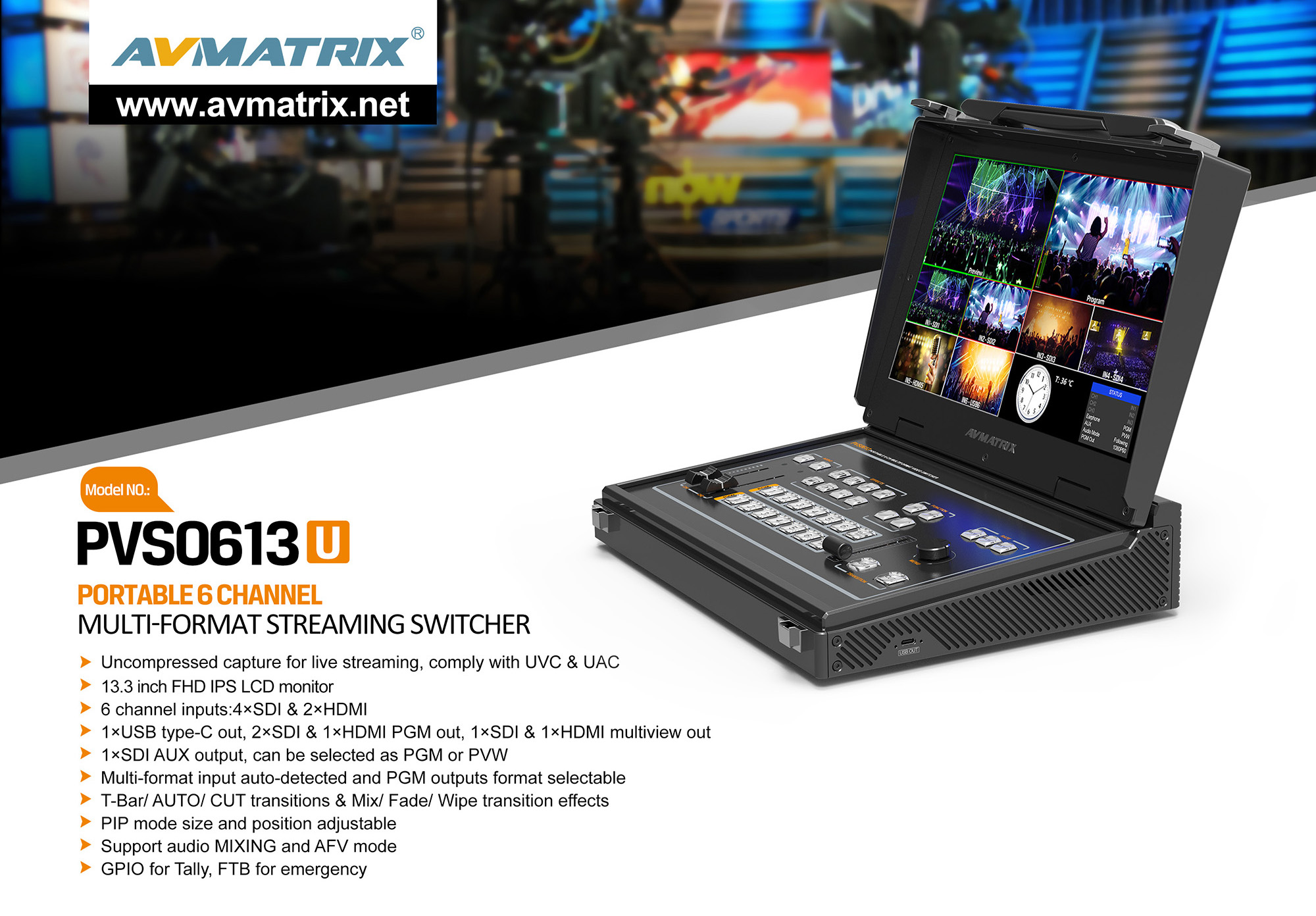 Avmatrix Portable 6CH SDI/HDMI Multi-format Streaming Switcher - PVS0613U